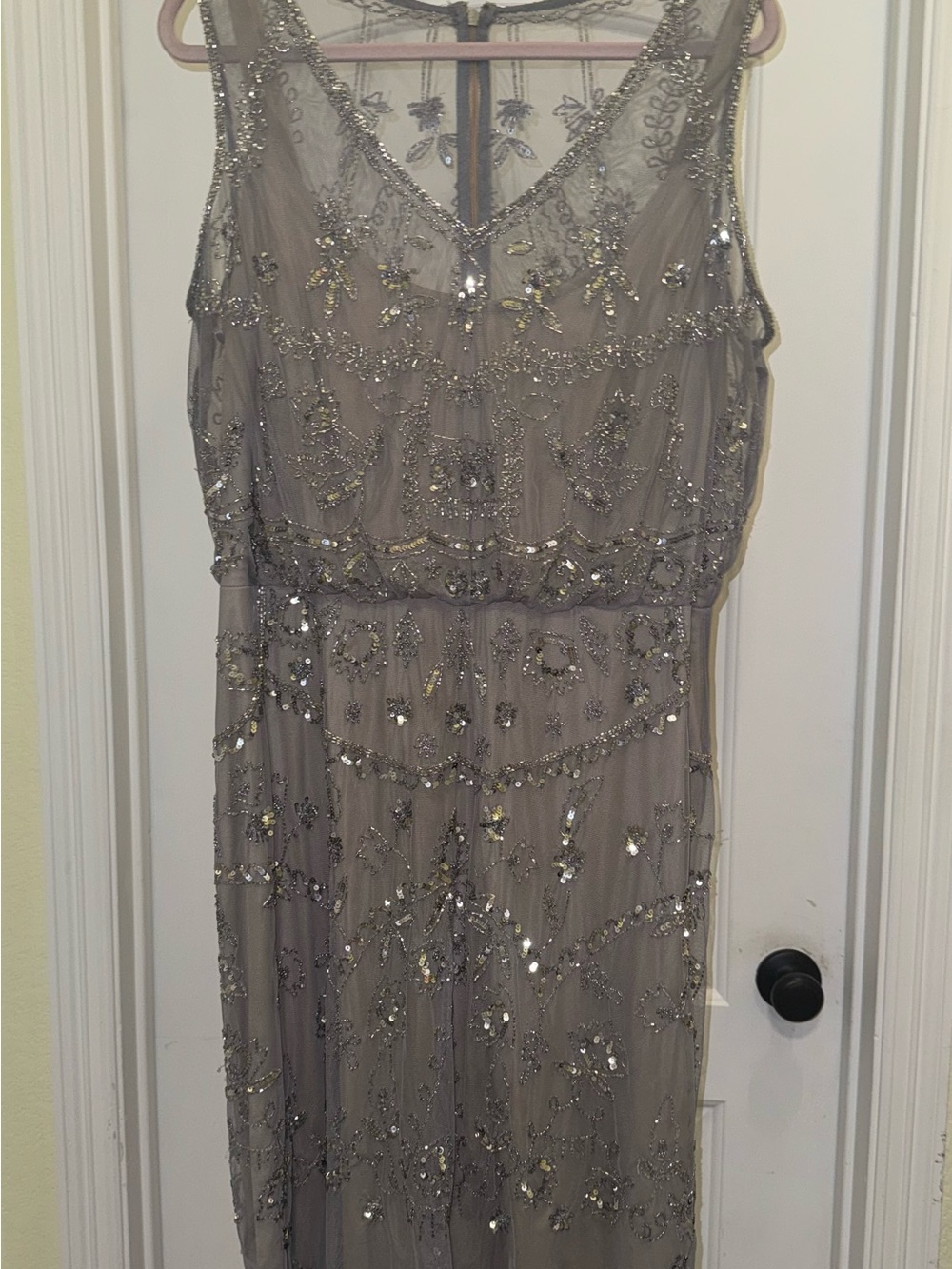 Adrianna Papell Silver-Gray Beaded Maxi Gown